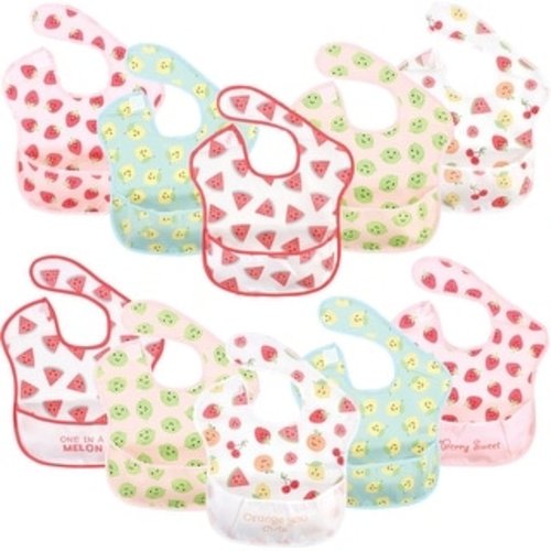 Hudson Baby Infant Girl Waterproof Polyester Bibs 10pk, Cute Fruit, Beginner - Cute Fruit