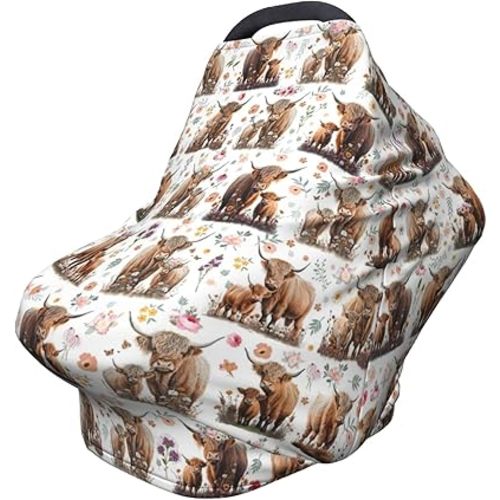 Highland Cow Baby Car Seat Covers Canopy Covers Baby Multi-Use Car Seat Canopy Carrier Cover, Breathable Breastfeeding Cover Boys & Girls