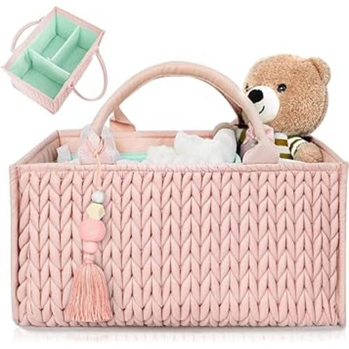 MOMINSIDE Diaper Caddy Organizer, Nursery Storage, Portable Changing Table Car Caddy - Girl Boy, Baby Registry, Newborn Essentials (Pale Pink)