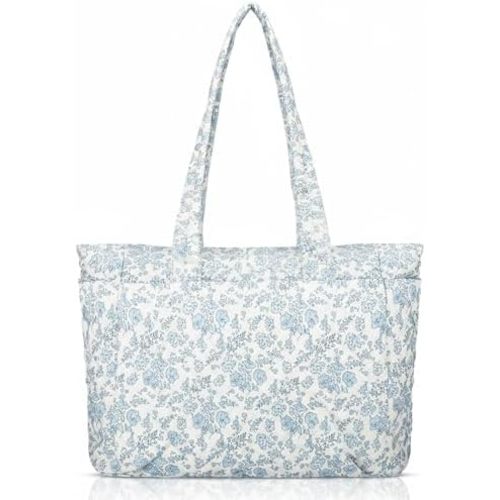 Women Blue Floral/Pink Bow Tote Bag Lightweight Puffy Tote Bag with Zipper Quilted Shoulder Handbag for Travel Work