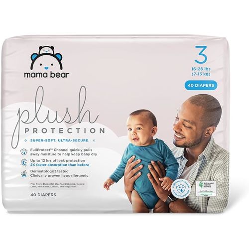 Amazon Brand - Mama Bear Plush Protection Disposable Baby Diapers, Hypoallergenic, Leak Protection, Extra Absorbent, Skin Safe, Wetness Indicator, Size 2, 46 Count, White and Cloud Dreams