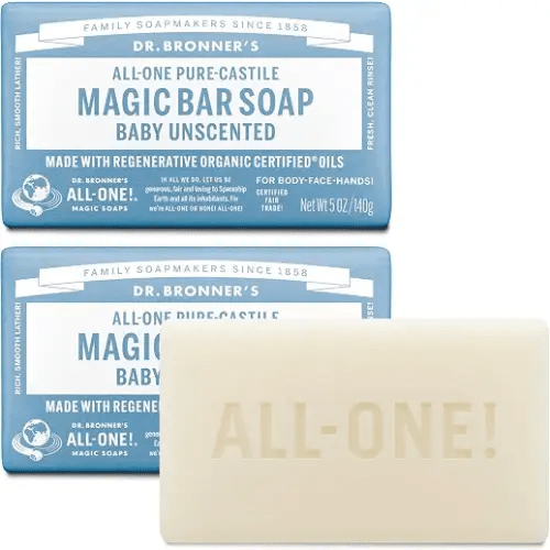 Dr. Bronner's - Pure-Castile Bar Soap (Baby Unscented, 5 ounce, 2-pack) - Made with Organic Oils, For Face, Body, Hair, Gentle for Sensitive Skin, Babies, No Added Fragrance, Biodegradable, Vegan