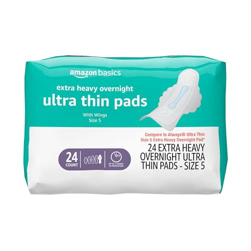 Amazon Basics Extra Heavy Overnight Feminine Pads for Women with Long-Lasting Coverage, Ultra Thin with Flexi-Wings, Secure Fit, Unscented, Size 5, 24 Count