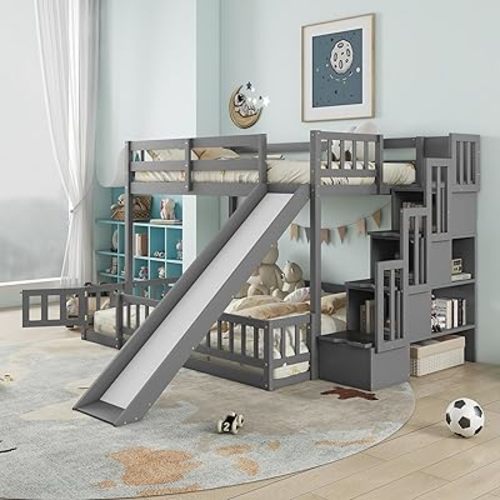 Twin Over Full Bunk Beds with Slide and Stairs, Low Bunk Bed Frame with Rails, Convertible Wood Bunk Bed with Storage Staircase for Kids Boys Girls, Gray