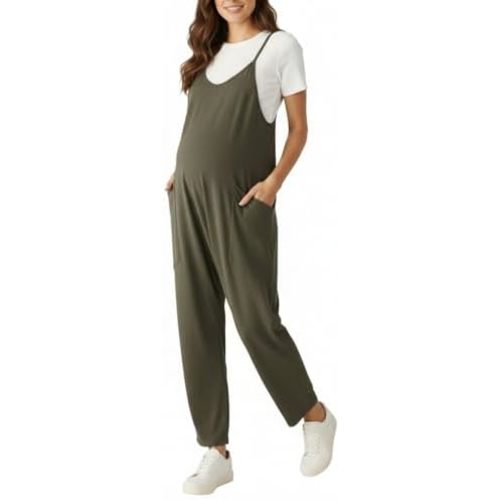 Motherhood Maternity Women's Casual Baggy Sleeveless V-neck Pregnancy Romper Jumpsuit With Loose Spaghetti Straps and Pockets
