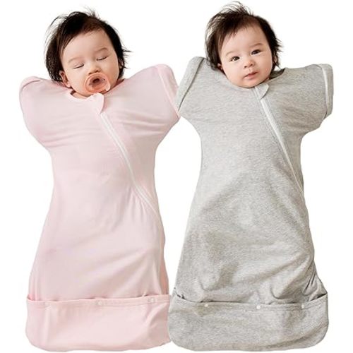 Duomiaomiao 2 Pack Baby Transition Swaddle Blanket, Snap Arms Up Baby Sleep Sack for All Seasons, 100% Cotton Baby Essentials for Newborn Boys Girls 0-6 Months, Gray & Dinosaurs