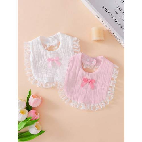 2pcs Soft Cotton Bibs, Drool Bibs, Baby Princess Lace Bow Decor, Newborn Essential