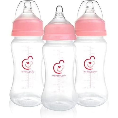 Nenesupply Natural Baby Bottles Newborn Feeding Bottles Slow Flow Breastfeeding Bottle for Breastfed Babies Wide Neck 9oz Anti Colic Level 2 Nipple for 1+ Month Infant Replace Spectra Bottle Pumping