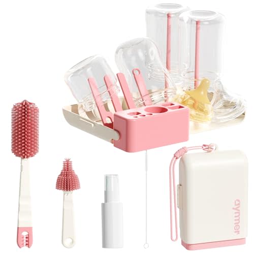 Aynmer Baby Bottle Brush, 10 in 1 Travel Baby Bottle Cleaner Brush Set with Silicone Brush, Nipple Brush, Straw Brush, Soap Dispenser, Portable Drying Rack, Breast Pump & Bottle Cleaning Kit - Pink