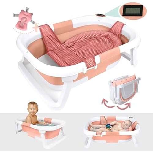 BEBELEH™ Collapsible Baby Bathtub with Thermometer – Bathtub + Baby tub Sling + Newborn Sling – Baby Bathtub Newborn to Toddler 0-24 Months – The Ultimate Baby Bath tub! (with Thermometer,Pink)