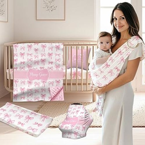 Personalized Baby Crib Bedding Set - Custom Name 3 Piece Bow Pink Nursery Set for Girls, Minky Dot Blanket, Fitted Crib Sheet & Changing Pad Cover - Soft Infant Toddler Bedding