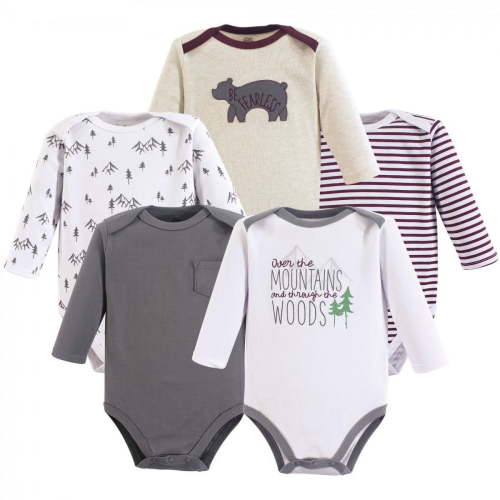 Yoga Sprout Baby Boy Cotton Long-Sleeve Bodysuits 5pk, Mountains, 3-6 Months
