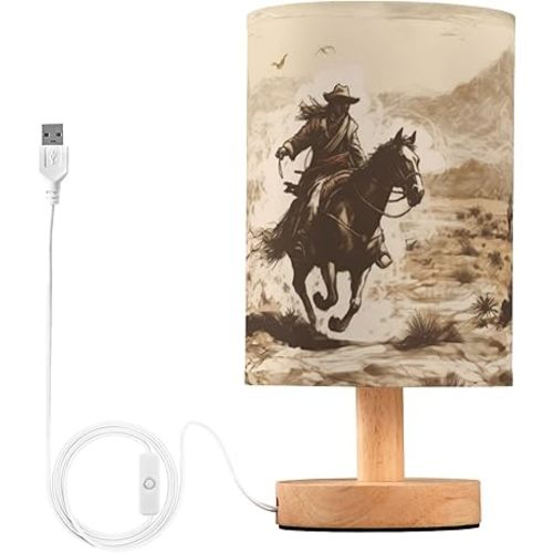 YETTASBIN Western Cowboy Bedside Table Lamp, Small LED Desk Light USB Nightstand Lamp with Non Slip Wood Base & Eye-Friendily Lampshade for Living Room Bedroom Dorm Home Office Desk Decor