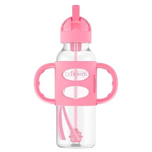 Dr. Brown's Milestones Narrow Sippy Straw Bottle, Spill-Proof with 100% Silicone Handles and Weighted Straw, 8 oz/250 mL, Pink, 6m+