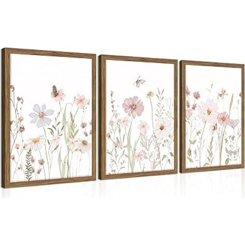 Framed Wildflower Wall Art Set of 3, Pink Floral Canvas Wall Decor Pictures, Vintage Flower Botanical Paintings, Nursery Flowers Butterfly Posters Prints for Bedroom Living Room 12x16 Inch