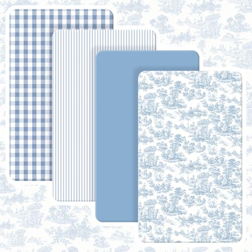 Peryiter 4 Pack Crib Sheets for Baby 52'' X 28" Blue Flower Crib Sheet | Baby Bed Sheet Set, Nursery Crib Sheets for Standard Bed ,Toddler Mattress Nursery Decor for Baby Shower Boys Girls Kids