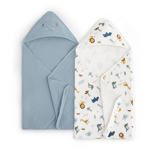 PHF 100% Muslin Cotton Baby Hooded Towels, 2 Pack Bath Towel with Hood for Newborn, Infant, Toddler, Ultra Soft and Absorbent Baby Bath Essentials, Shower Gifts for Boys, 32x32Inch, Woodland