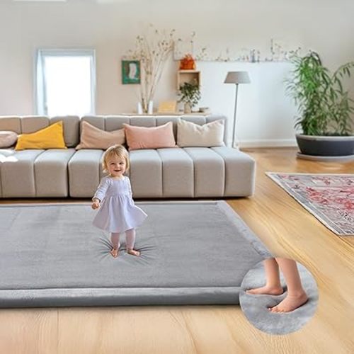 Ultra Soft 1.3" Thick Baby Play Mat for Floor, Large Velvet 71x59 Playpen Mat, Baby-Safe & Non-Slip Tummy Time Mat, Crawling Mat for Babies, Toddlers, Infants, Kids, Easy Care, Gray