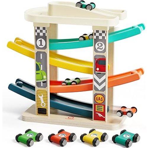 TOP Bright Toddler Wooden Race Track Car Ramp Toys for 1 2 Year Old Baby Motor Skills Race Tracks Car Ramp Vehicle Playsets with 4 Mini Cars and 1 Car Garage