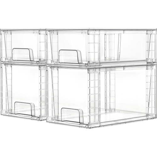 4 Pack Clear Stackable Storage Drawers,Easy to Assemble Bathroom Organizers and Storage with handles,Plastic Drawers for Kitchen Pantry,Cabinet,Under Sink Organization