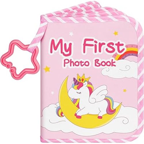Lanpn Baby Photo Album Holds 17 4x6 Pictures, My First Soft Cloth Family Photo Book with Name Card & Name Tag Sticker, Fabric Kid Memory Keepsake Gift for Baby Shower Newborn Toddler Girl (Unicorn)