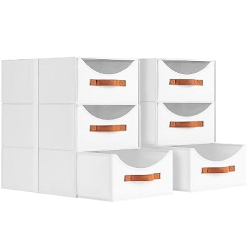 Stackable Storage Drawers - Large Collapsible Storage Bins with Drawers, 6 Pack Closet Shelf Organizer Basket, Fabric Pull Out Organizer for Bedroom, Living Room, Dorm, White