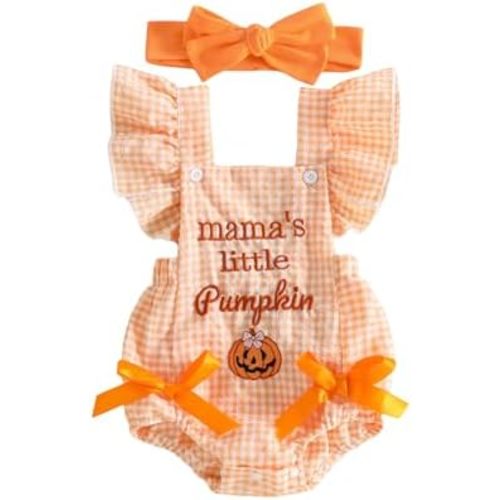 Baby Girl Halloween Outfit Mama's Little Pumpkin/Boo Ghost Onesie Ruffle Romper Fall Bubble Plaid Bodysuit Headband