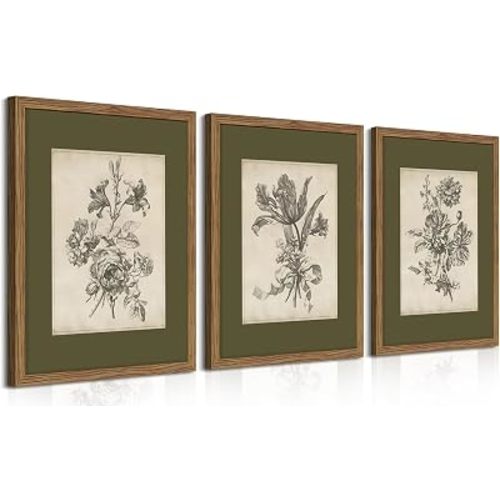 Vintage Floral Wall Art Set of 3, Sketch Sage Green Botanical Canvas Wall Decor Paintings, Retro Minimalist Flower Artwork Posters Prints Pictures for Living Room Bedroom Bathroom 12x16 Inch Framed
