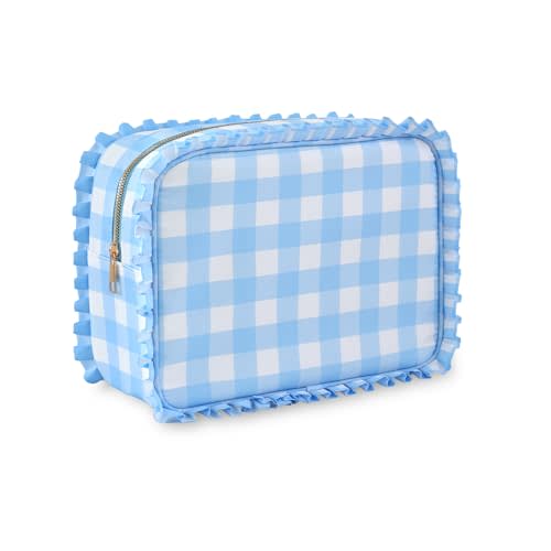 Ruffled Makeup Bag, Blue Gingham | Zipper Closure, Large Capacity, Travel Organizer for Cosmetic Accessories, Brushes, Skincare, for Women Girls
