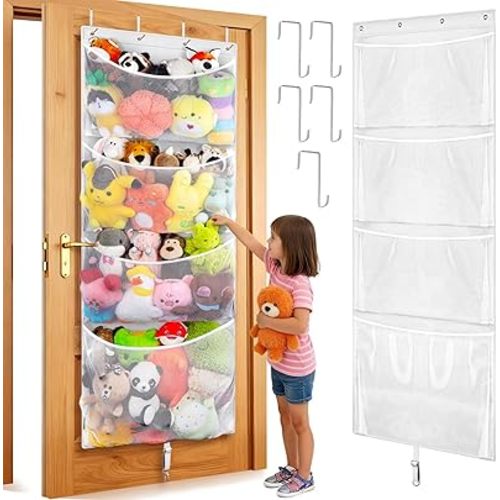 Woodoulogy Hanging Stuffed Animal Storage, Over Door Large Plush Toy Organizer with Metal Hook, Baby Accessory Holder Idea for Nursery, Doll & Bear Mesh Hammock Bag for Girl Boy Kid Room