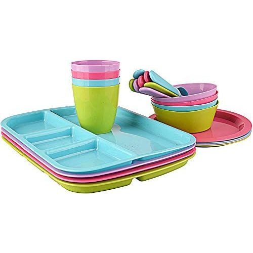 24 pc Kids Dinner Set by Mainstays, BPA free, Microwave/dishwasher safe, toddler snack/meals, mixed colors