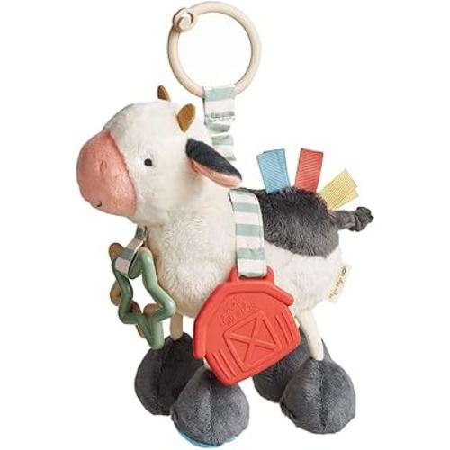 Itzy Ritzy Link & Love Car Seat & Stroller Toy for Newborns & Up (Cow) | Features Textured Ribbons, Crinkle Sounds, Clinking Rings & Silicone Teether, Encouraging Sensory Play & Teething Relief