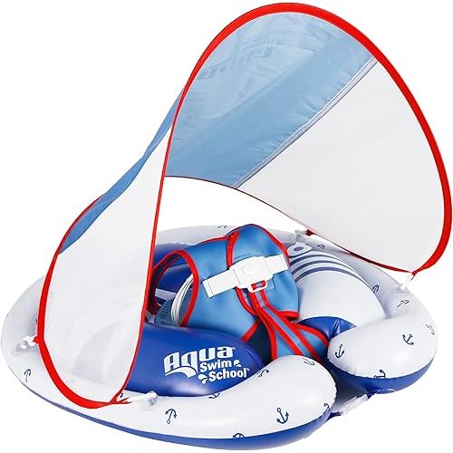 SwimSchool Freestyle Swimmer Baby Pool Float with Multi-Position, Adjustable Safety Seat, Free Swimming, Dual Air Chambers Safe, Red-White-Blue Nautical