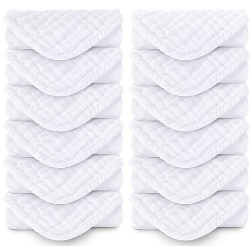MOON PARK Baby Washcloths, 12 Pack - 12x12 Inches, Small Burp Cloths and Baby Wipes - 100% Cotton Muslin Ultra Soft for Newborn, Infant and Toddlers - White
