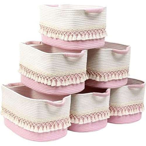 6 Pack Storage Basket for Shelves, Boho Cotton Rope Storage Bins with Heavy Tassel, Shelf Baskets Large Woven Baskets for Organizing, Cube Organizer Bins, Baby Laundry Basket for Clothes, Toys, Pets