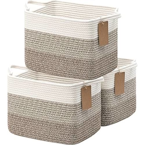 Goodpick Organizing Baskets, 13 x 10 x 9 Inches, Woven Storage Baskets for Shelves, Baby Gift Basket for Nursery, Small Decorative Laundry Basket 3 Pack, panier rangement, White & Brown