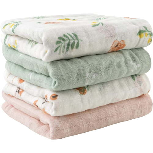 Viviland Burp Cloths Floral Baby Muslin Cotton Towels And Washcloths Pack, Floral, 4 Count