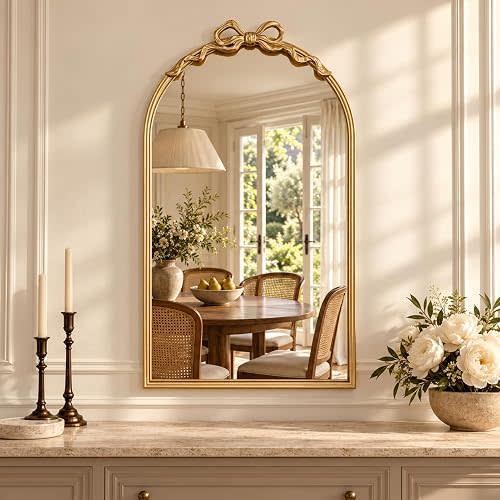 Gold Bow Mirror, 25"×16" Vintage Arched Wall Mirror