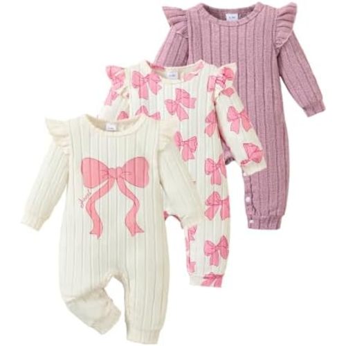 SUNNY PIGGY Baby Girl Clothes 3 Pack Ruffle Romper Set Newborn Infant Fall Winter Girl Outfits Jumpsuit for 0-18 Months