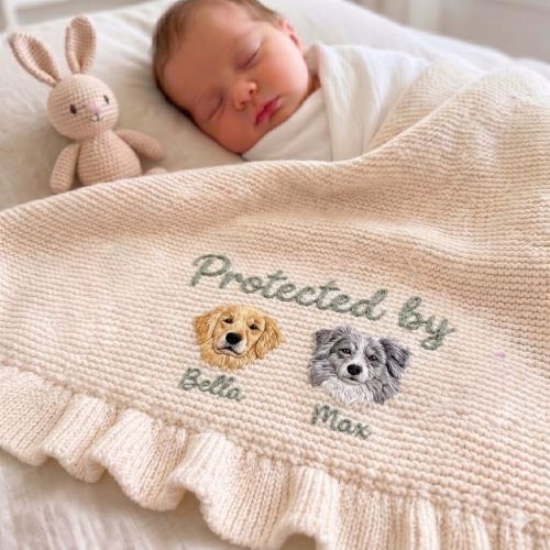 Custom Floral Baby Blanket - Personalized Photo Swaddle with Furry Big Siblings, Newborn Hospital Gift, Soft Cotton Baby Blanket