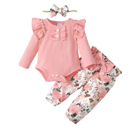Newborn Baby Girl Clothes Infant Girl Outfits Long Sleeve Ruffle Romper + Floral Pants + Headband Set