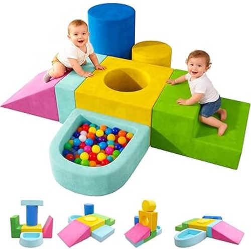 Teckid Toddler Climbing Toys, 7-Piece Colorful Foam Blocks, Indoor Soft Play Gym for Crawling, Climbing and Sliding, Modular Play Set Ages 1-3, No Ball Included