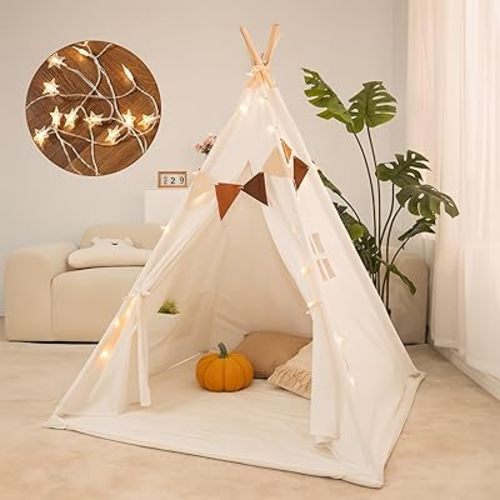 Kids Play Tent Set – Portable Teepee Tent for Toddlers with Mat & Star Lights, Washable and Foldable Indoor Play House for Baby Aging 1-3 as Reading Nook & Room Decor