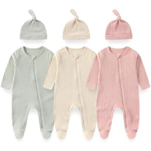 Unisex Newborn Baby Long Sleeve Romper 3-Pack with Matching Hats Solid Color Outfits