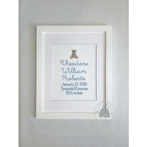 Bear Birth Announcement, Personalized Baby Name Embroidery, Heirloom Nursery Wall Art