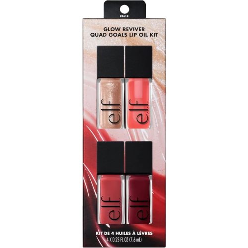 e.l.f. Glow Reviver Quad Goals Lip Oil Kit, Lip Gloss For A High-Gloss Finish & Sheer Wash Of Color, Non-Sticky, Vegan & Cruelty-Free, 4 Glosses