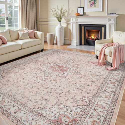 SIXHOME 5x7 Feet Washable Non-Slip Area Rug - Traditional Distressed Vintage Pink Rug with Retro Floral Design, Ultra-Soft Indoor Carpet for Living Room, Bedroom, Dining Room