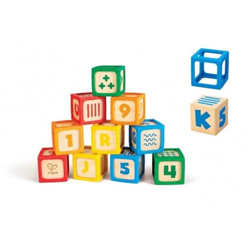 Hape Grip-n-Stack 10-Piece Wooden Building Blocks with Silicone Edges - Educational Alphabet & Number Stacking Toy for Toddlers and Babies - Fine Motor Skills & Sensory Play Set