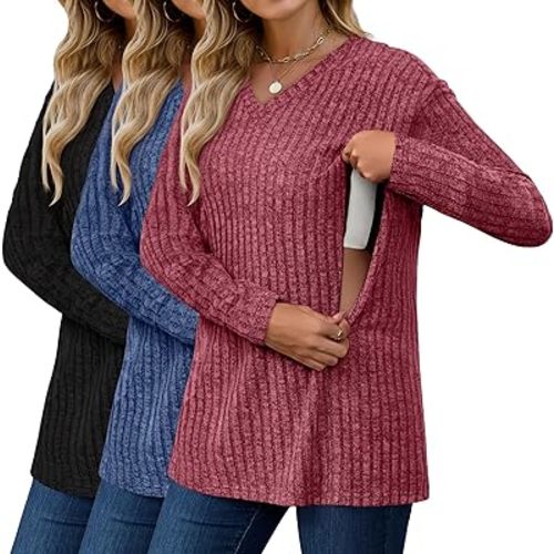Oakgarden 3 Pack Oversized Women's Maternity Nursing Tops Vneck Breastfeeding Sweaters Long Sleeve Hidden Zipper Shirt