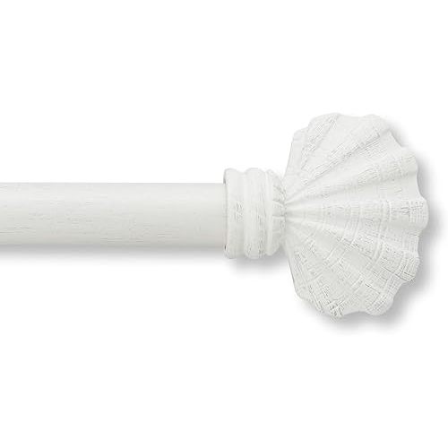 MODE Coastal Collection 1 1/8" Diameter Curtain Rod Set with Coastal Shell Curtain Rod Finials and Steel Wall Mounted Adjustable Curtain Rod, Fits 36” to 72” Windows, Weathered White